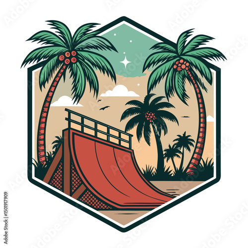 Design a summer skate trip badge featuring vibrant palm trees, a halfpipe silhouette, and a sunburst.  Include space for text.