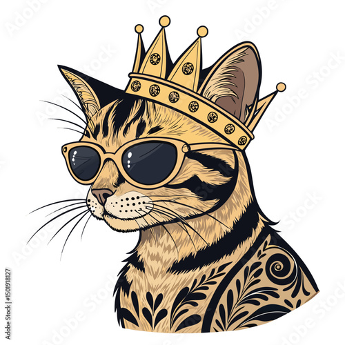 A regal tattooed cat, sporting sunglasses and a crown, sits majestically.  Royal blue background.