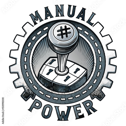Create a vector illustration of a manual power emblem featuring a stylized gear stick and the number '1' prominently displayed, suggesting first gear.