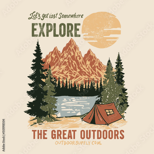 .outdoors t-shirt design. big pain tree and explore. Adventure Begins Vintage Camping Scene With Off-Road Vehicle And Campfire