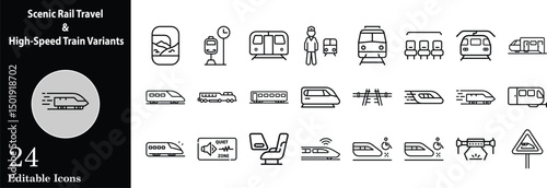 Line art icon set displaying scenic rail travel and diverse high speed train and railway features