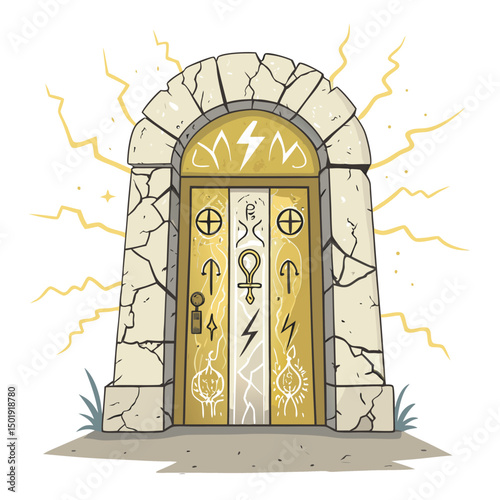 A weathered tomb door, intricately carved with ancient, cryptic warning glyphs, cracked and crumbling, hinting at a perilous secret within.