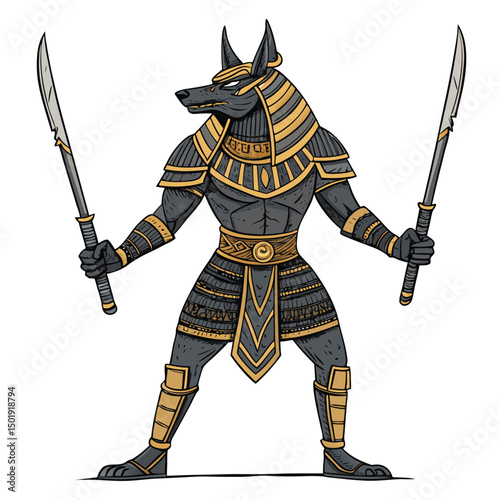 A fearsome jackal-headed tomb guardian, clad in ancient armor, wielding twin wicked blades, stands vigilant.  Render in high detail.