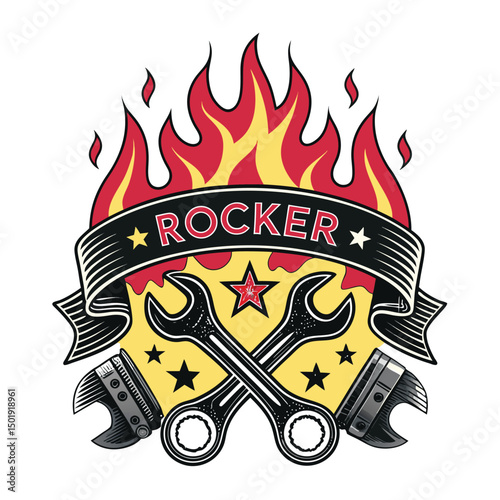 Design a motorcycle exhaust flame badge featuring a rocker-style font, incorporating bold lines and a fiery aesthetic.  Include a customizable space for a brand name or initials.