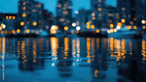 Serene Evening Reflections on Calm Water with City Lights