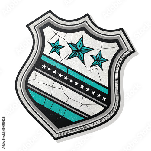A distressed, torn fabric patch reveals a cracked visor underneath;  worn, military-style badge design.  Gritty texture.