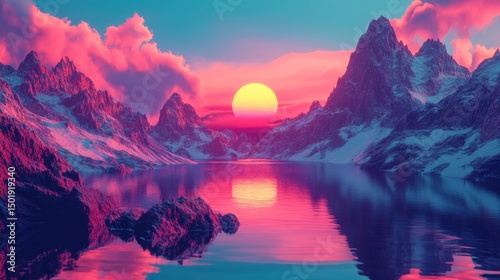 Serene Sunset Over Majestic Mountains and Calm Reflective Lake