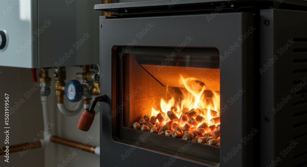 Fototapeta premium Pellet stove blazing warmly indoors