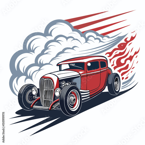 Design a vintage hot rod emblem featuring a stylized skull and flames, incorporating a dynamic smoke trail effect.  The style should be classic and bold.