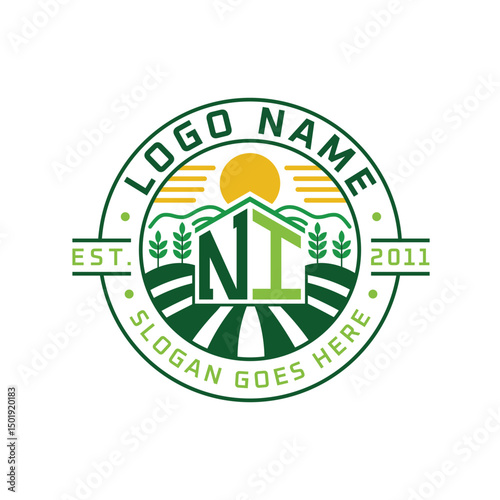 Modern Farmhouse NI Logo Design. Letter NI Agriculture Logo with Sun, Field, and Nature Elements
