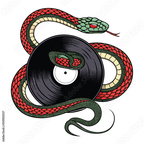 A vibrant green vinyl record encircled by a two-headed snake, intricately coiled.  The scene is surreal and slightly ominous.