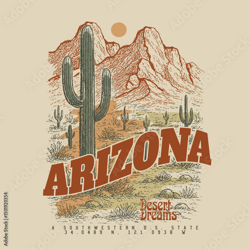 Arizona desert Graphics art print for fashion and clothing. natural desert hand drawing sketch. t-shirt sweatshirt all apparel clothing design graphic. fashion graphic design or poster design.