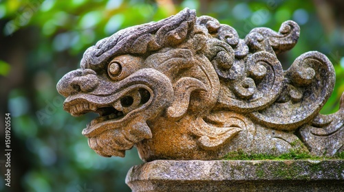 Stone Guardian Lion Sculpture with Intricate Details in Nature