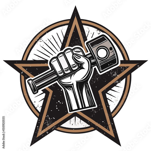 Design a logo featuring powerful piston fists, set against a gritty grunge background, incorporating a single, prominent star.  The style should be edgy and industrial.