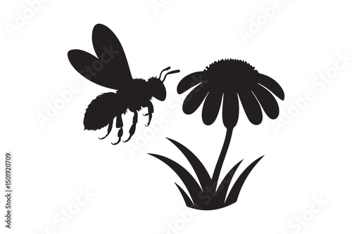 Bee and Flower Silhouette Vector Nature Pollination Insect Graphic