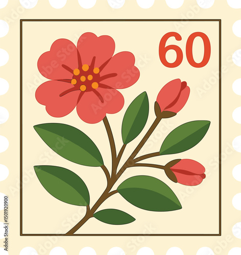A postal stamp featuring a floral pattern, complete with a blooming flower and a blossomed plant branch, is depicted on a mail letter, symbolizing spring and summer, as a flat vector illustration on