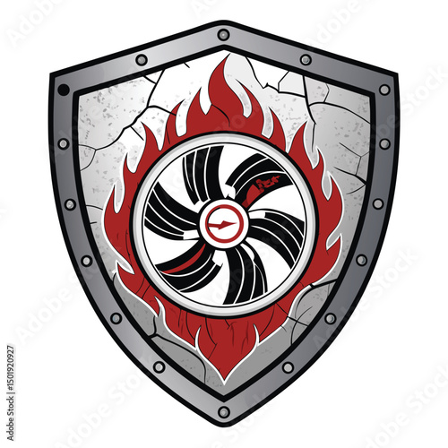 Design a logo fierce radiator fan with a flaming shield emblem, incorporating a stylized cracked "me" signifying resilience.