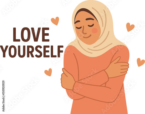 A woman embracing self-love, depicted as a young girl in a hijab hugging herself, embodies self-acceptance and care for mental and psychological well-being through positivity and optimism in a flat