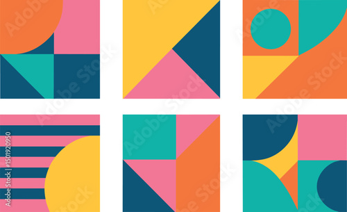 A dynamic collection of geometric patterns featuring vibrant shapes and bold colors, ideal for contemporary designs and abstract visuals with a lively feel
