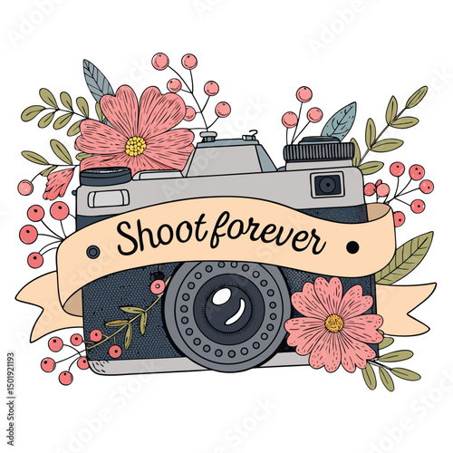 A meticulously detailed image of a vintage camera adorned with vibrant, realistic floral decorations and a celebratory banner.  Focus on intricate details.