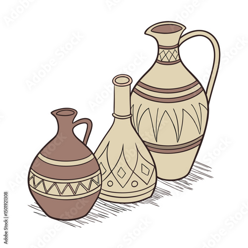 A set of Clay water glass and jugs with vector white background