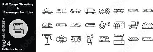 Rail transport and cargo icons with ticketing and passenger facilities in a minimalist line style