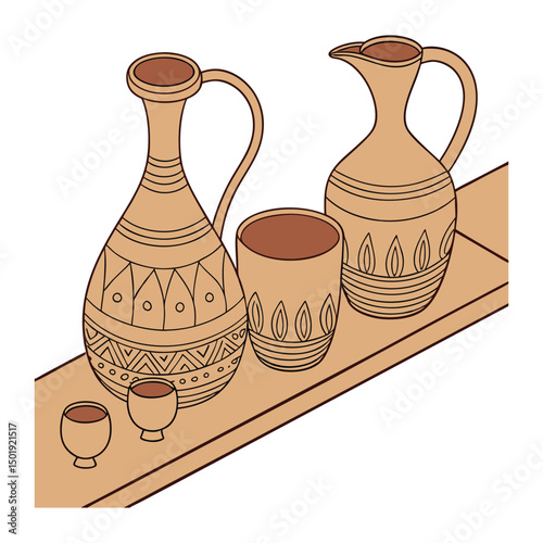 A set of Clay water glass and jugs with vector white background