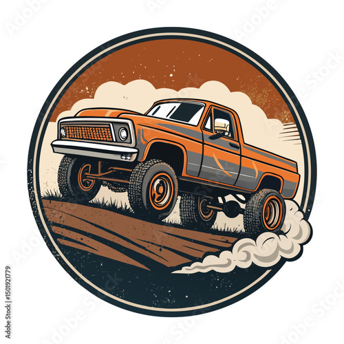 A weathered vintage pickup truck executing a powerful burnout amidst a gritty, grunge-style industrial setting.  Dust and tire smoke billow.