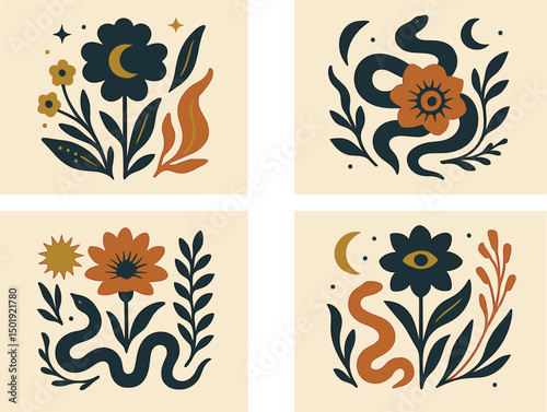 A collection of mystical posters featuring abstract floral patterns and serpentine occult symbols, along with wildflowers and foliage with curved leaves, is available for home decor and interior