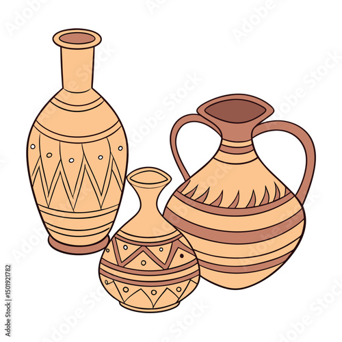 A set of Clay water glass and jugs with vector white background