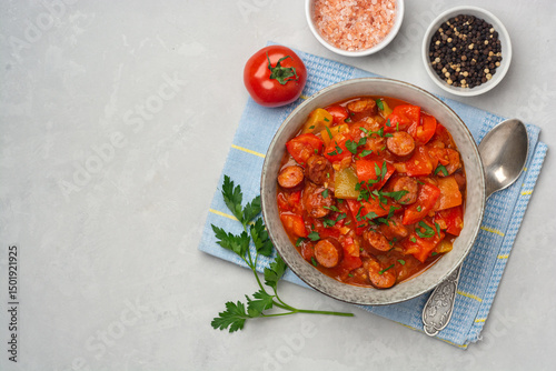 Traditional Hungarian dish Lecho or Lecso or Letscho. Stew with peppers, tomatoes, onions and sausages in bowl on concrete background.