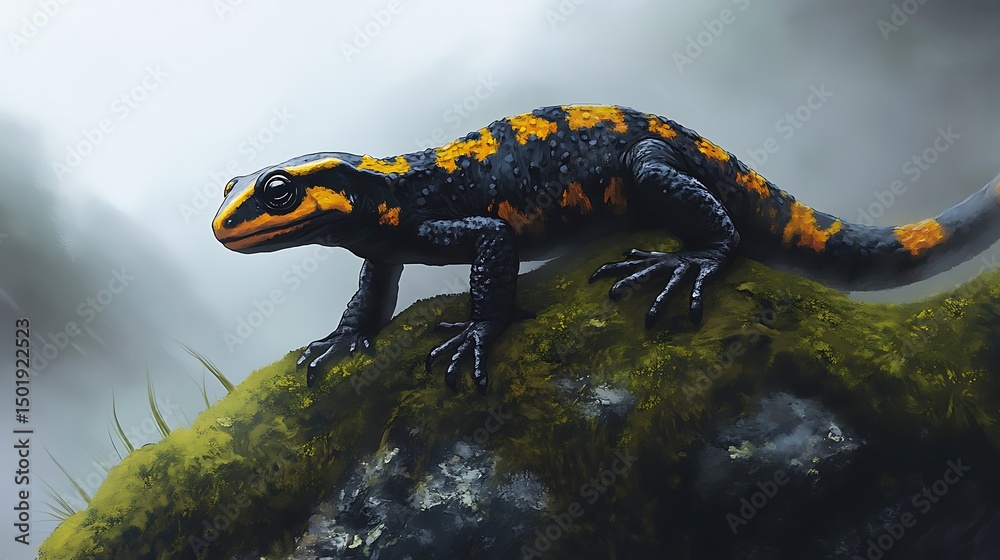 Fototapeta premium Detailed illustration of a salamander on a mossy rock.