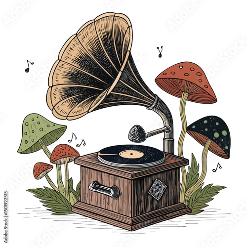 A decaying vintage speaker, overtaken by vibrant, lush mushrooms, sits amidst overgrown foliage.  Detail the texture of the speaker and mushrooms.