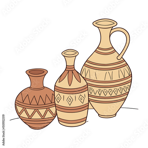 A set of Clay water glass and jugs with vector white background