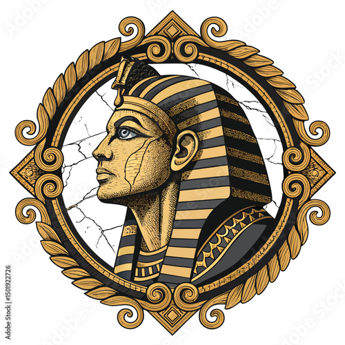 A detailed rendering of an ancient Sphinx head, intricately carved, dramatically framed within an ornate Baroque-style gilded frame.  High resolution, photorealistic.