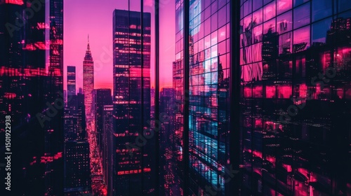 Vibrant Cityscape at Dusk with Reflections and Modern Buildings
