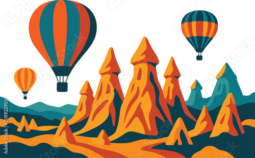 A vibrant scene of hot air balloons in dynamic motion soaring above the iconic rock formations of Cappadocia, perfect for concepts related to tourism, travel, or outdoor adventures
