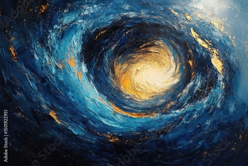A swirling vortex of blues and gold, creating a mesmerizing cosmic whirlpool in an abstract, artistic style.