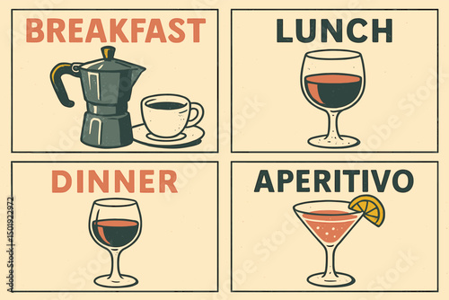 A collection of vintage posters featuring whimsical hand-drawn designs in the dolce vita style, including illustrations of wine glasses, cocktails, and a coffee pot, representing the concepts of