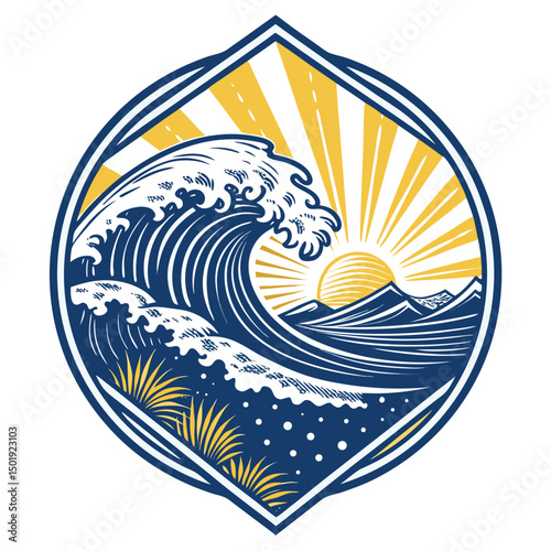 Design a vintage surfing emblem featuring a dynamic crashing wave and a stylized sun, incorporating retro colors and typography.