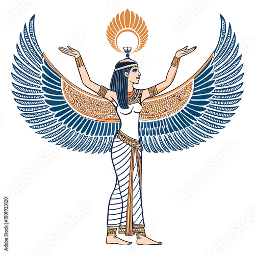 A majestic Isis, goddess of magic, with large, iridescent wings, in a ceremonial pose, radiating a divine glow.  Intricate headdress and flowing robes.