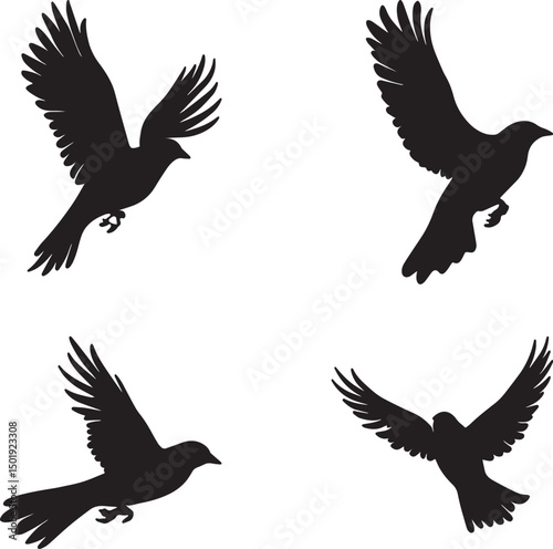 This artwork is digitally enhanced using AI and manually edited for quality. Flying Bird Silhouettes - Set of Four Black Bird Illustrations in Flight.