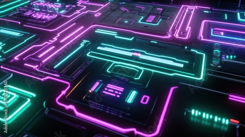 Vibrant Neon Circuit Board with Dynamic Light Patterns and Colors