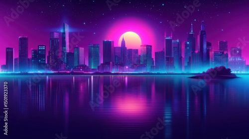 Vibrant Neon Cityscape at Sunset with Reflections on Water