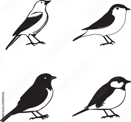 This artwork is digitally enhanced using AI and manually edited for quality.Silhouette Set of Small Birds – Vector Illustration