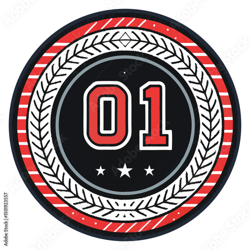Design a retro-style, street-legal motorcycle patch featuring a tire track border, the number '1', and a vintage aesthetic.  Include distressed textures and bold colors.