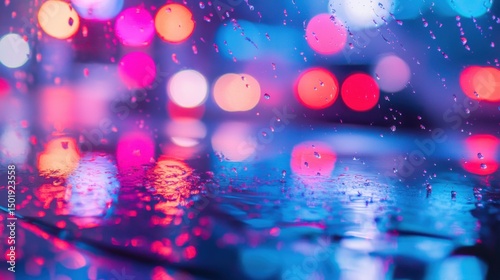 Vibrant Rainy Night with Colorful Bokeh and Reflective Surface