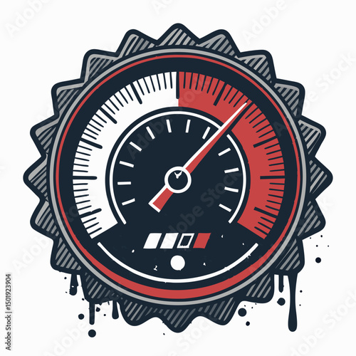 Design a retro-style tachometer badge with a needle pegged at maximum speed and a prominent 'O' for overdrive.  High detail, vibrant colors.
