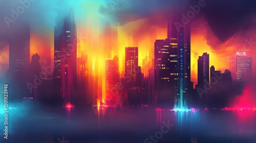 Vibrant Sunrise Over City Skyline with Colorful Light Reflection