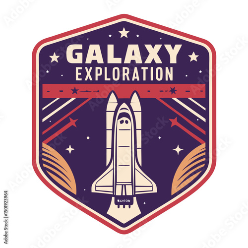 Design a retro-style badge featuring a galaxy exploration theme; incorporate stars, planets, a spaceship, and a vintage font.